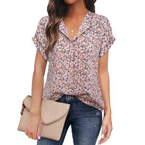 Women Pink Short Sleeve Blouses V Neck Design Business Attire Collared Shirts